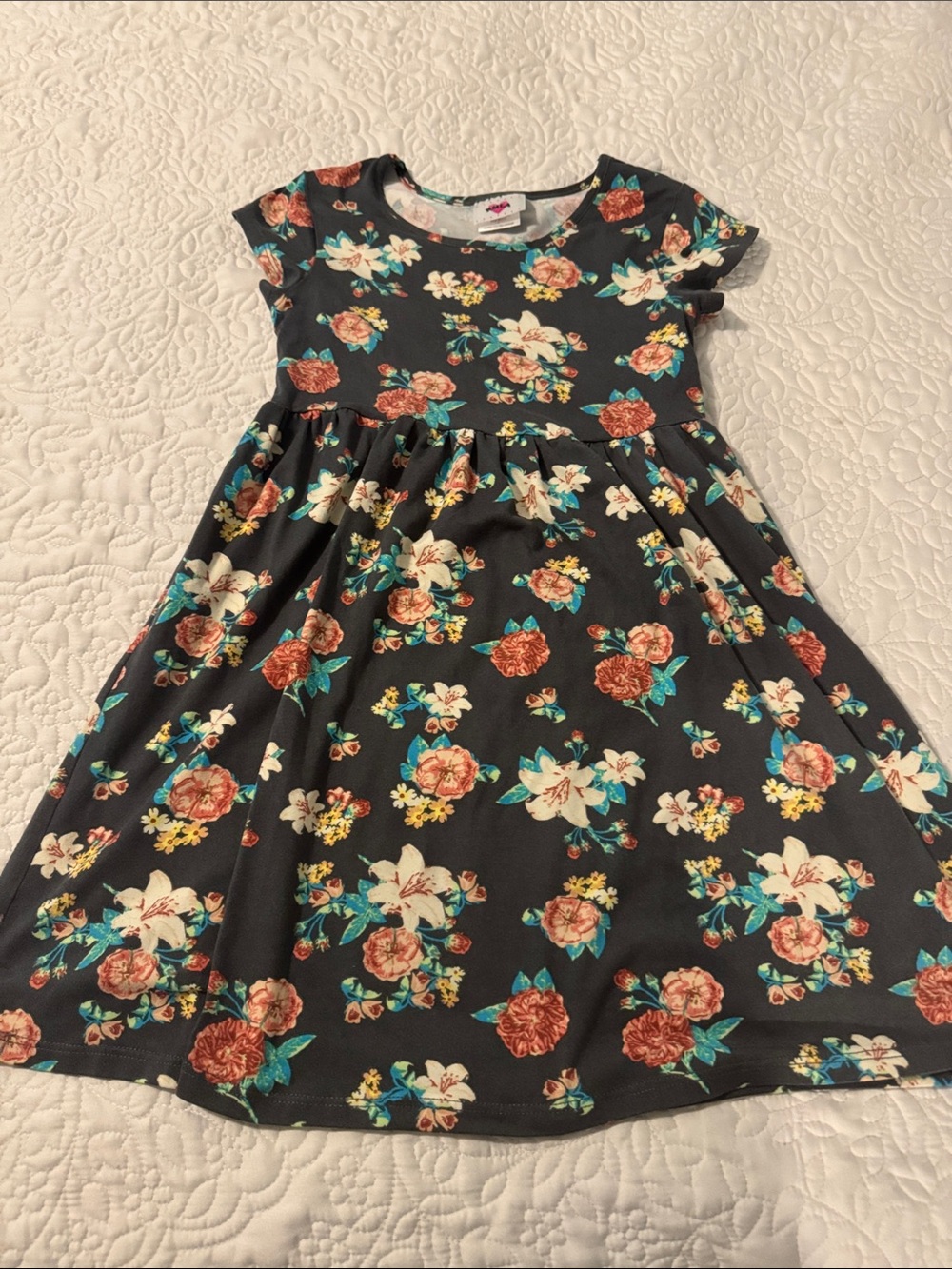 Girls' Black Floral Short-Sleeve Casual Dress